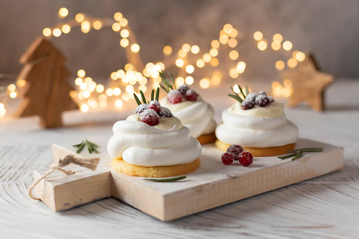 Mini pavlova cakes with sugared berries at Sweet Mousse, a Dessert shop in Philadelphia